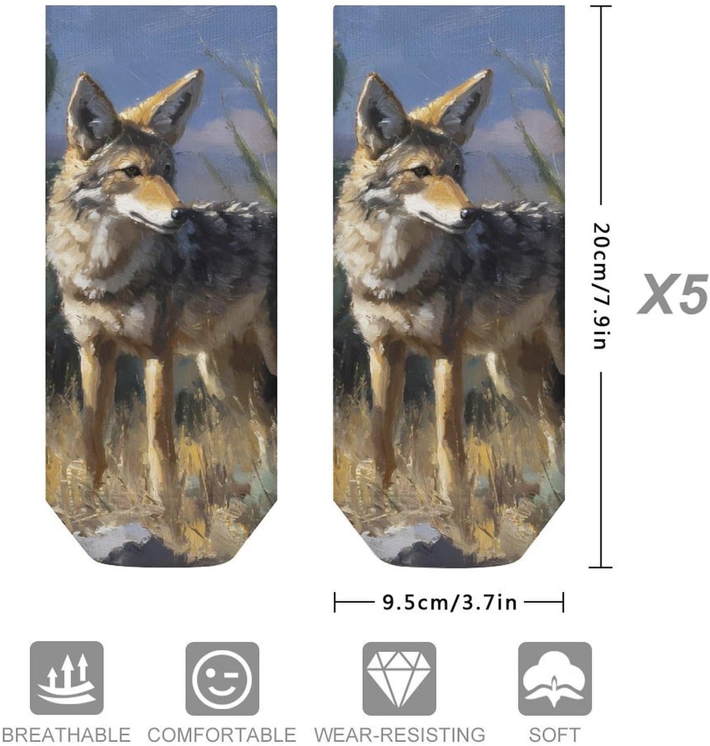 Desert Wolf Cactus No Show Ankle Socks Low Cut Non Slip Flat Boat Line 5 Pairs Set