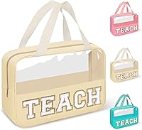 Vista 19 de izuzta Bolsas de maquillaje transparentes con letras de chenilla tipo tote, bolsa de maquillaje preppy con asa, Moda