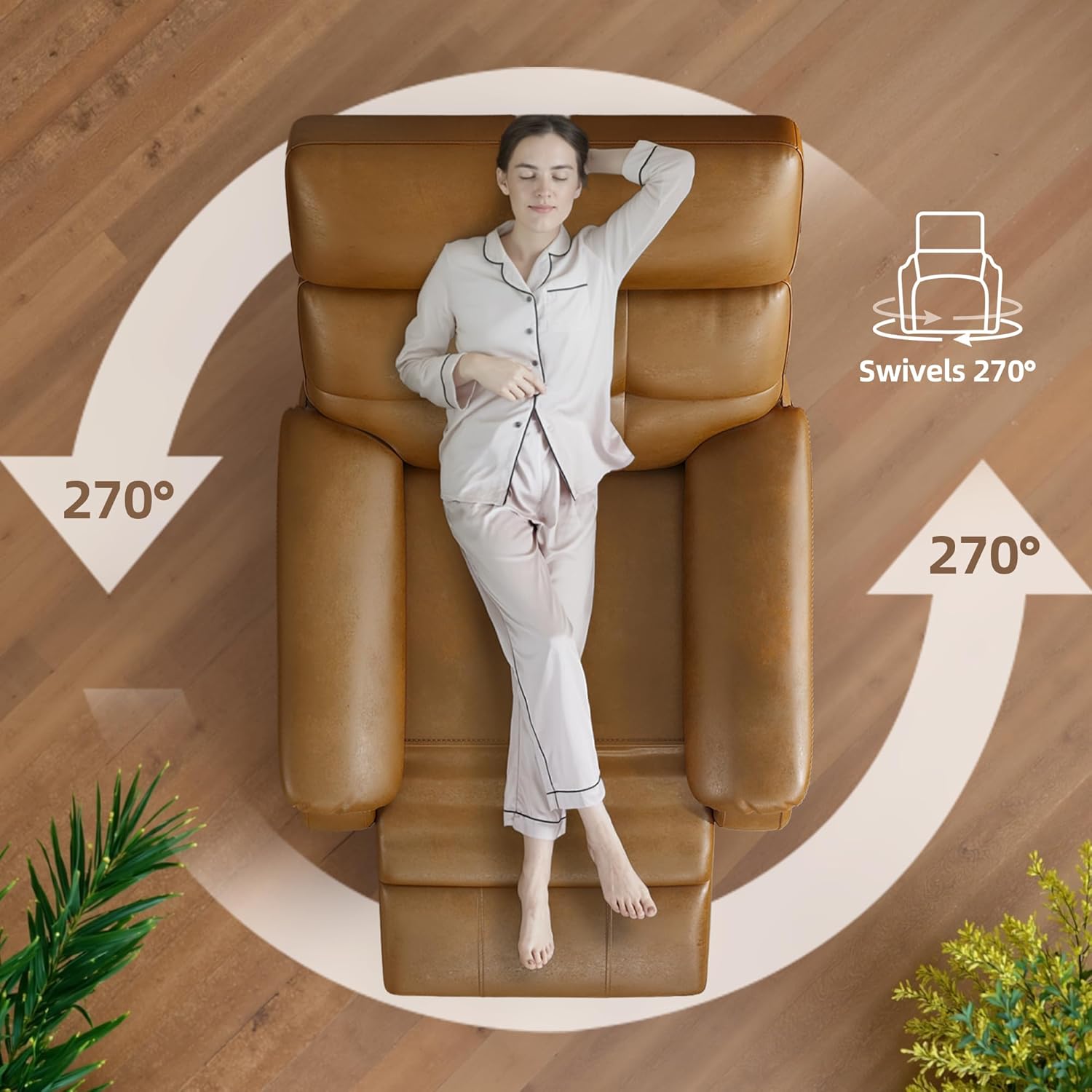 Overized Power Swivel Rocker Recliner Chair,PU Leather Sofa Reclining for Adults,Adjustable Rocker Reclining Sofa Lounge with USB&Type-C Ports,Side Pocket,for Living Room,Light Brown