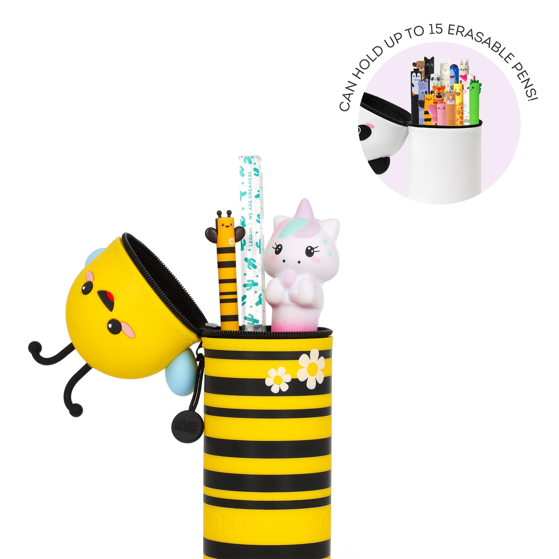 Legami - Kawaii Piórnik szkolny 2 w 1 z miękkiego silikonu, motyw pszczoła, piórnik na stół, zamknięcie na zamek błyskawiczny, długopisy kredkowe, wys. 21,5 cm