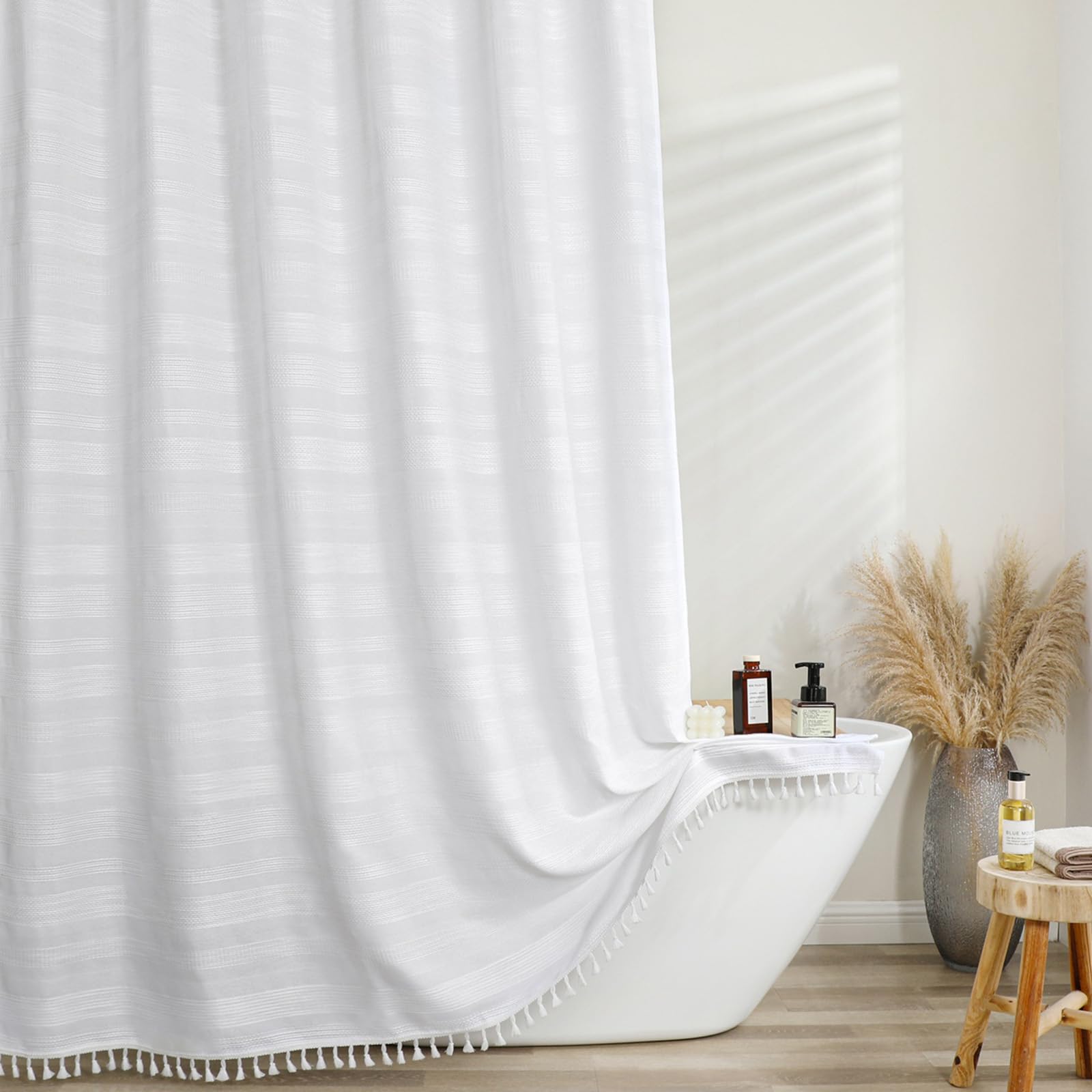 OVZME Extra Long White Shower Curtain 96 Inch Long, Boho Chic Textured Soft Fabric Heavy Duty Cloth Bathroom Shower Curtain with Tassel, Tall