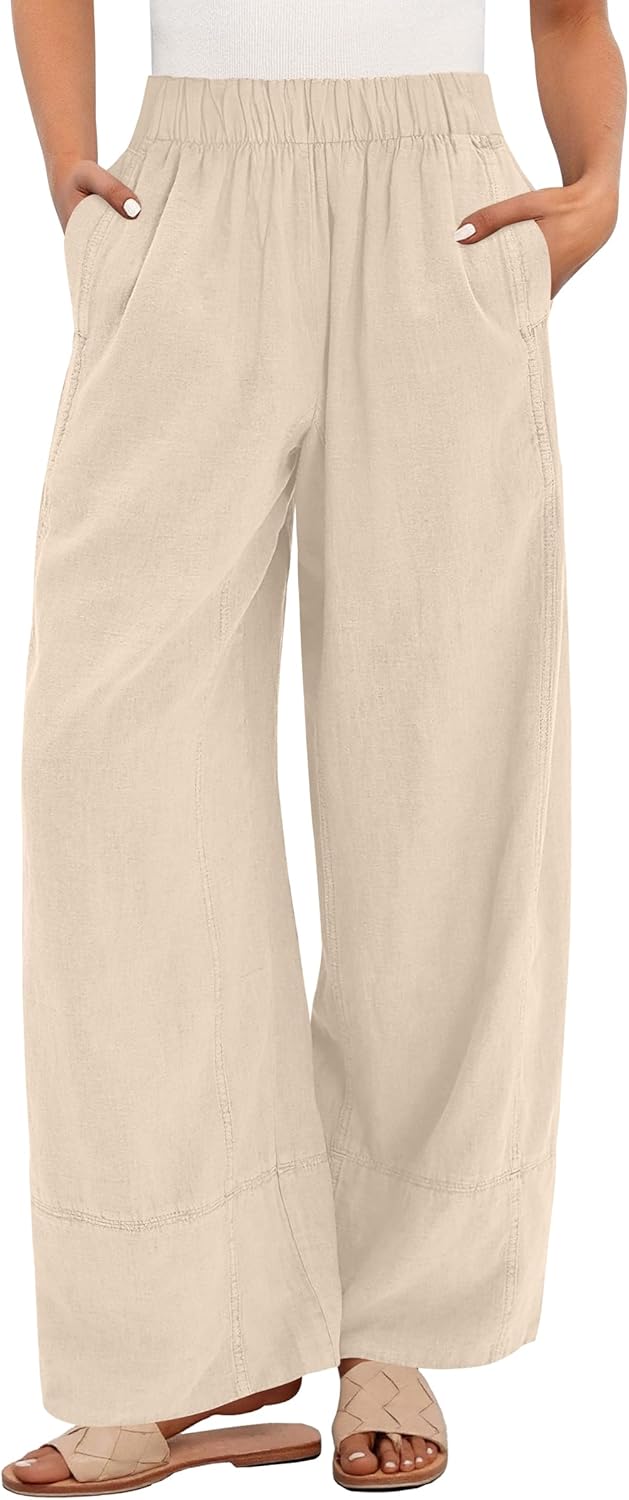 ANRABESS Women's Wide Leg Linen Pants Summer Boho Casual Elastic Waist Long Lounge Travel Pants Trousers with Pockets