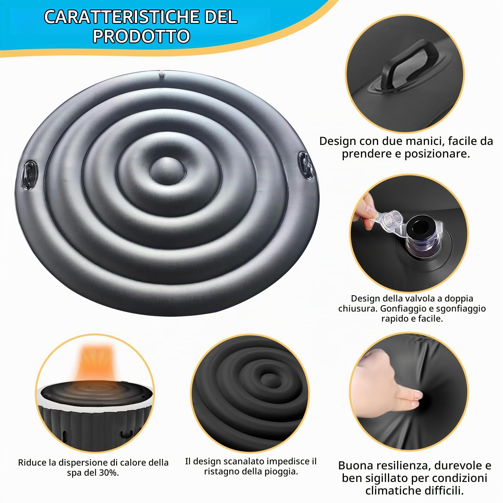 Coperchio Per Vasca Idromassaggio, Copertura Gonfiabile Per Spa Con Maniglia, Coperchio Per Spa Per Vasca Idromassaggio, Per La Protezione Della Vasca Idromassaggio (Nero, Rotondo-135CM)
