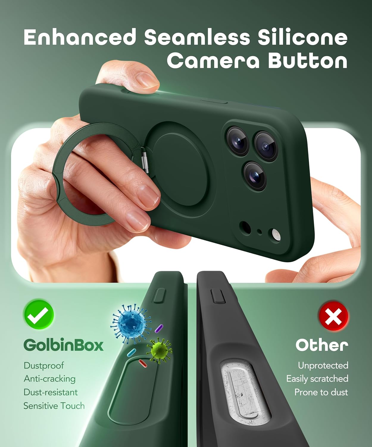 GolbinBox for iPhone 17 Pro Case with 360° Spin Magnetic Stand, [Compatible with MagSafe][Full Camera Protection],Full Body Shockproof Liquid Silicone Case with Ring Stand for 17 Pro 6.3'', Army Green - Image 6