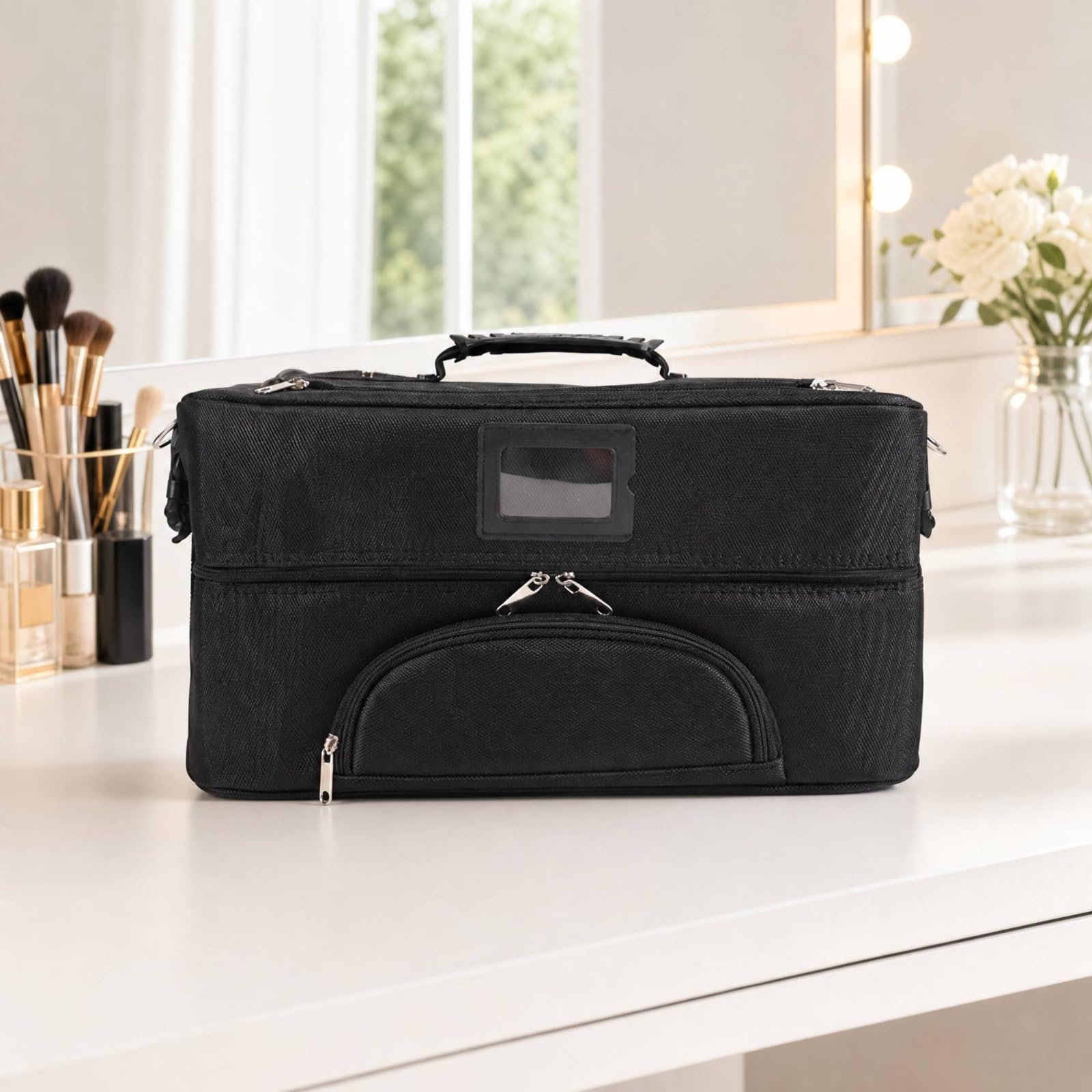 Borsa Cosmetica da con Multi Tasche Portatile Beauty Case da Morbido Trousse Trucchi Organizer per Routine Quotidiana, Nero