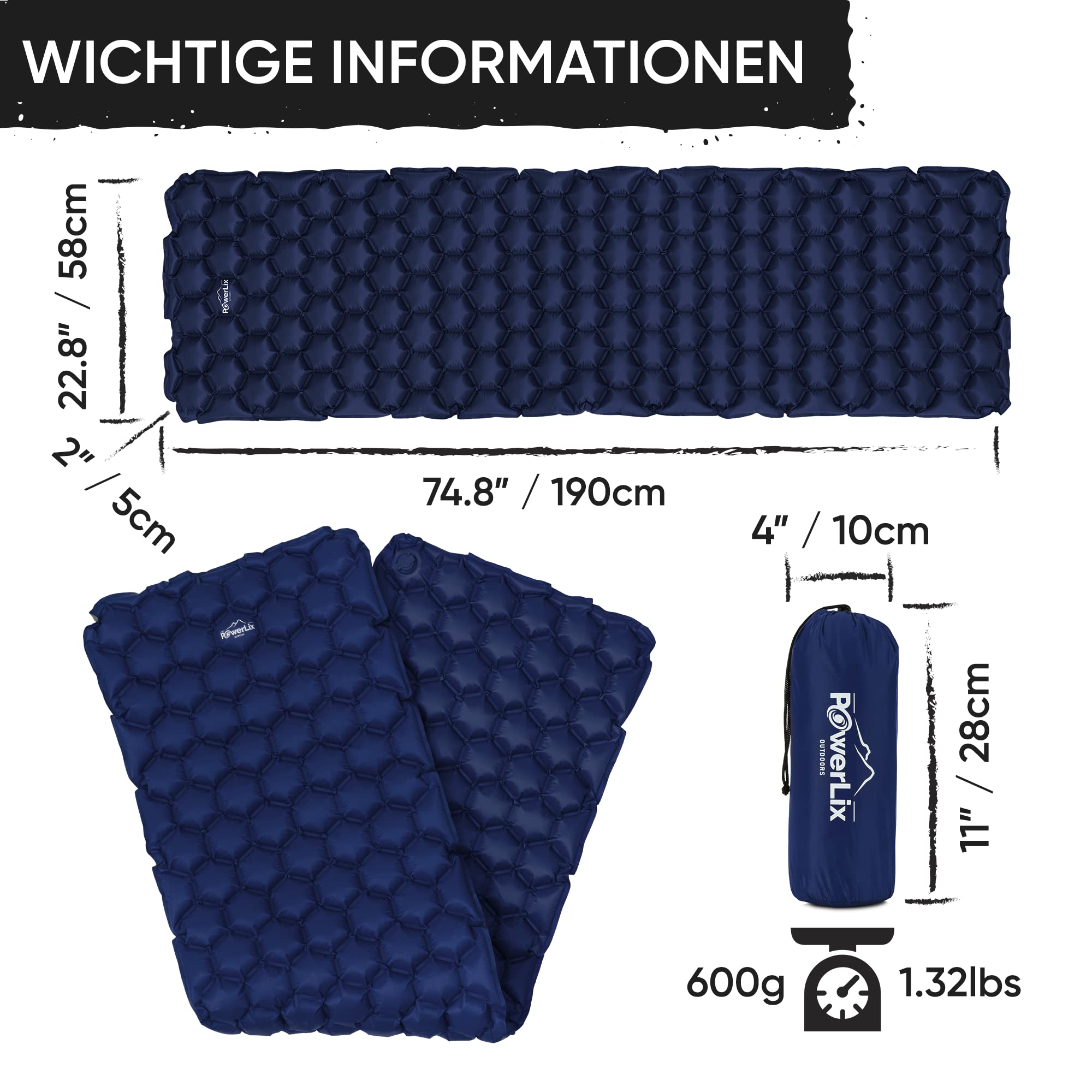 POWERLIX Camping Outdoor Luftmatratze - Ultraleichte Aufblasbare Isomatte, kompakte und leichte für Outdoor, Camping,Rucksackreisen, Wandern - Aufblassack, Tragetasche, Reparaturset
