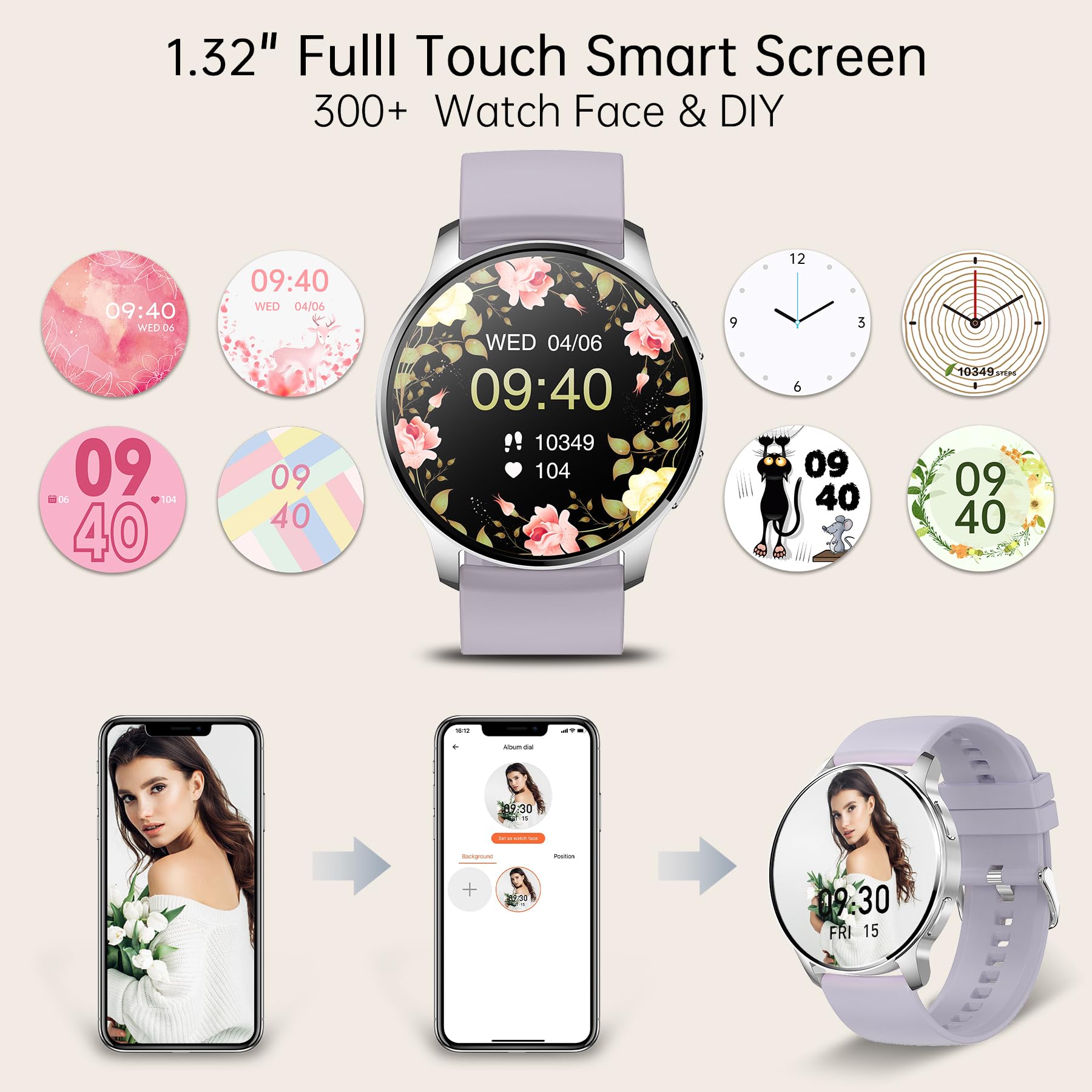 Betatree Smartwatch Uomo Donna con Chiamate e Risposta, Notifiche Messaggi, 1,32" Orologio Fitness Digitale, 20 Sportivo SpO2 Sonno Cardiofrequenzimetro, Android iOS Smart Watch Cronometro Contapassi