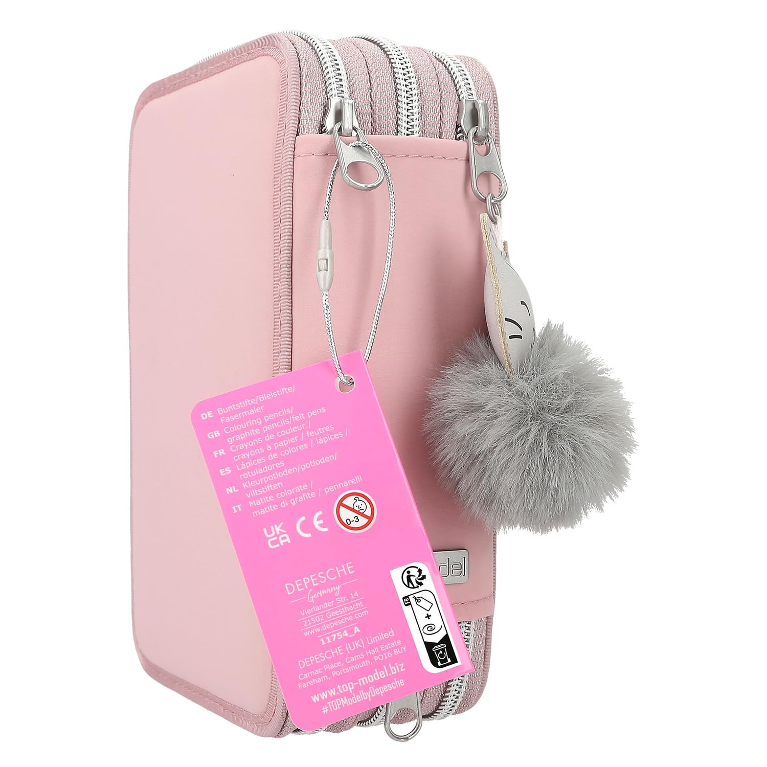 Depesche 11754 TOPModel Kätzchen - Gefüllte 3-Fach Federtasche mit Model-Motiv, rosafarbenes Federmäppchen mit Buntstiften, Lineal, Schere UVM
