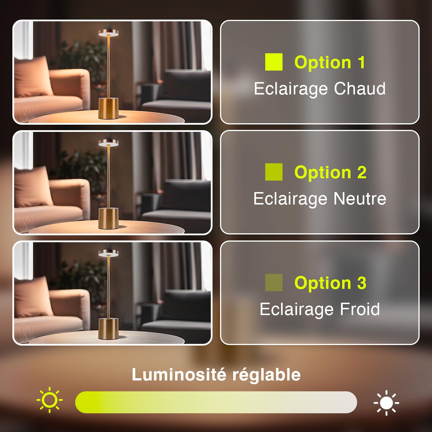 CATAVANA-Lot de 2 Lampes de table sans fil - Rechargeables LED pour Intérieur/Extérieur - Cable USB-C - Lampe Tactile avec Variateur - Design en Métal - Marque Française - Gold