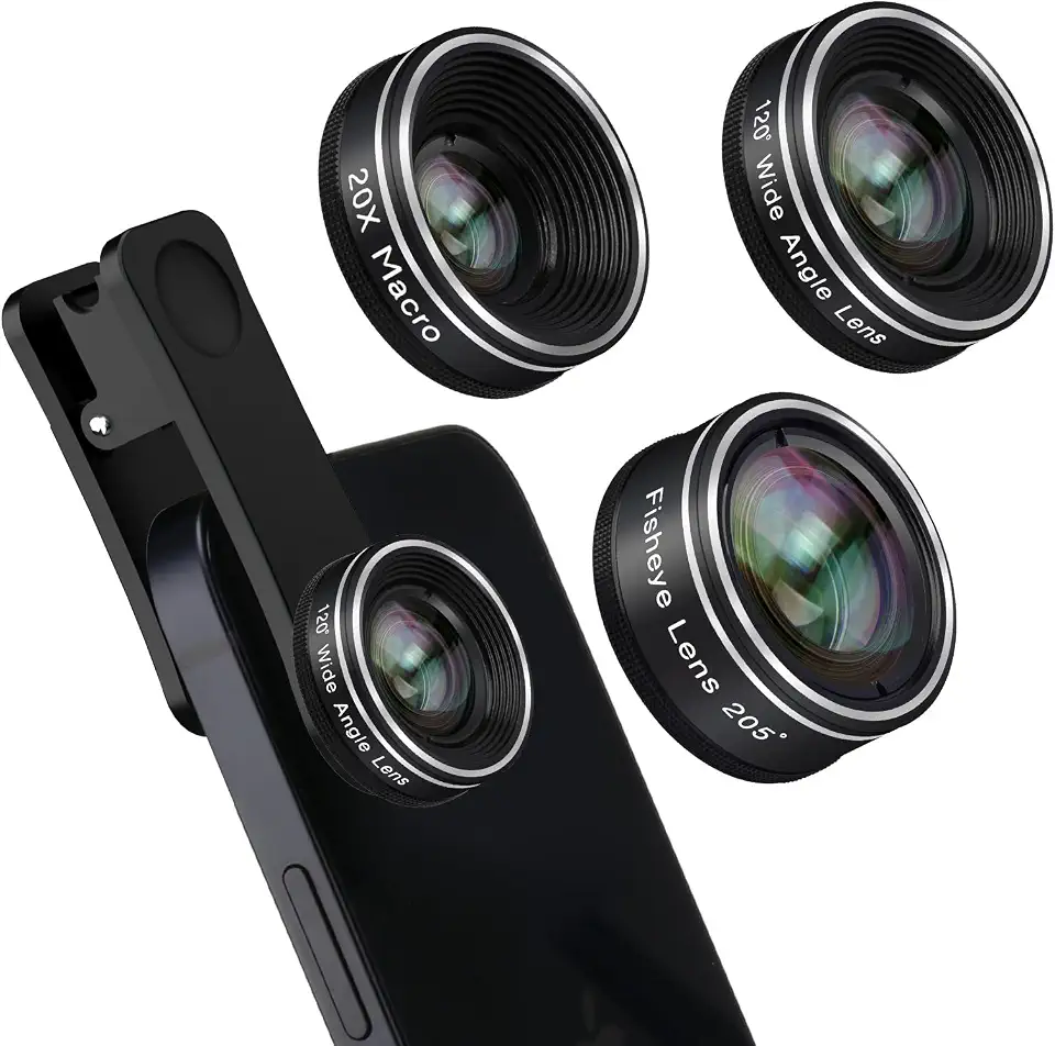 Lente para câmera de celular, kit de lentes de telefone 3 em 1 da Godefa - lente olho de peixe 205° + lente macro + lente grande angular de 120°, kit de lentes de câmera de celular compatível com iPhone, a maioria dos smartphones