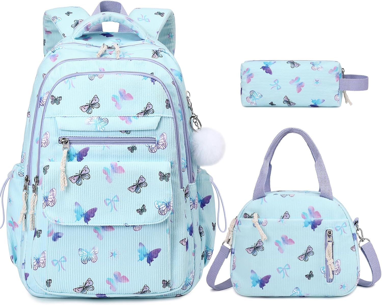 Bevalsa Backpack for Gilrs, 3PCS Corduroy Kids Backpack Set with Lunch Box & Pencil Pouch, Bookbag Daypack Laptop Bag for Women Teens Elementary Middle High School