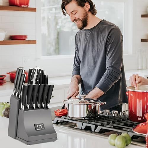 Miniatura 6 de NF NANFANG BROTHERS - Juego de cuchillos de cocina de Damasco de 15 piezas con bloque, mango ergonómico de ABS para juego de cuchillos de chef,