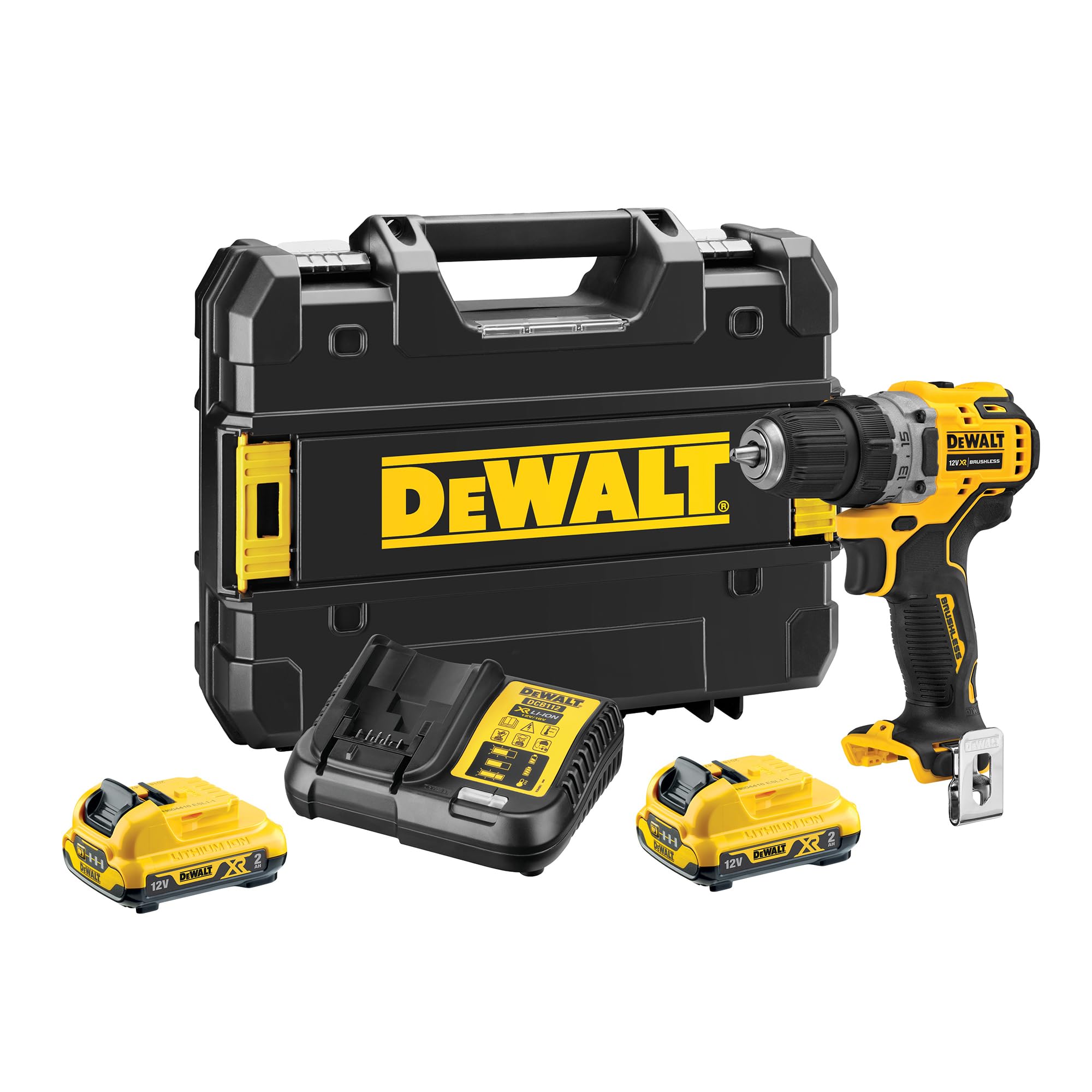 DEWALT Taladro atornillador sin escobillas XR 12V con 2 baterías XR Li-​Ion de 2 Ah y cargador + maletín TSTAK, DCD701D2-​QW