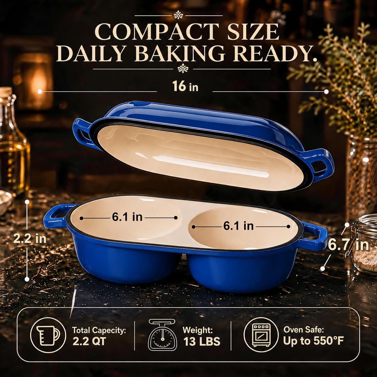 Mini Double Dutch Oven For Sourdough Bread Baking, 2.2QT Enameled Cast Iron