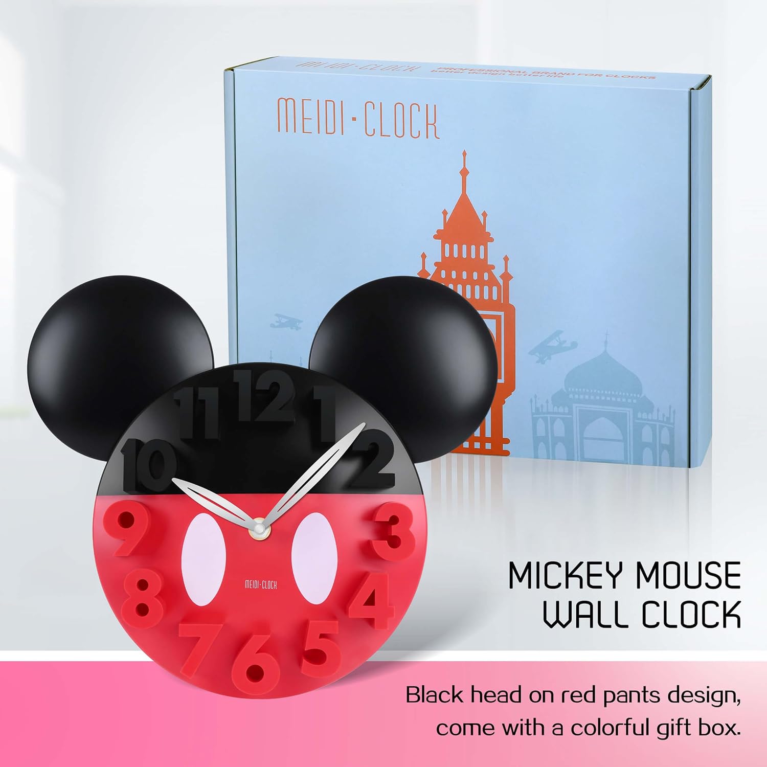 Modern Mickey Mouse Wall Clock with Large 3D Numbers – Black on Red