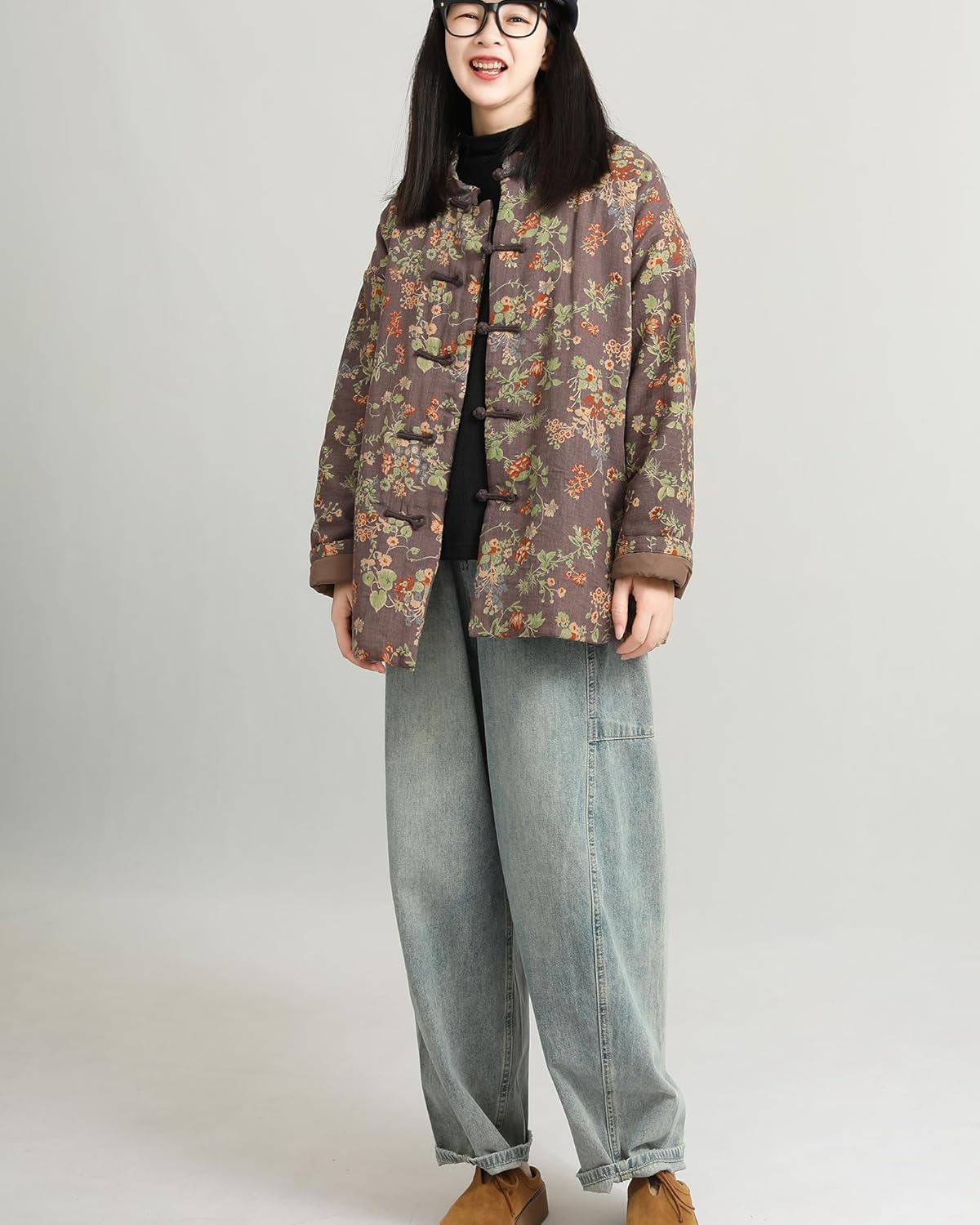 LZJN Women's Floral Print Cotton Quilted Long Jacket Loose Casual Coat with Pockets Vintage Outwear - Image 7