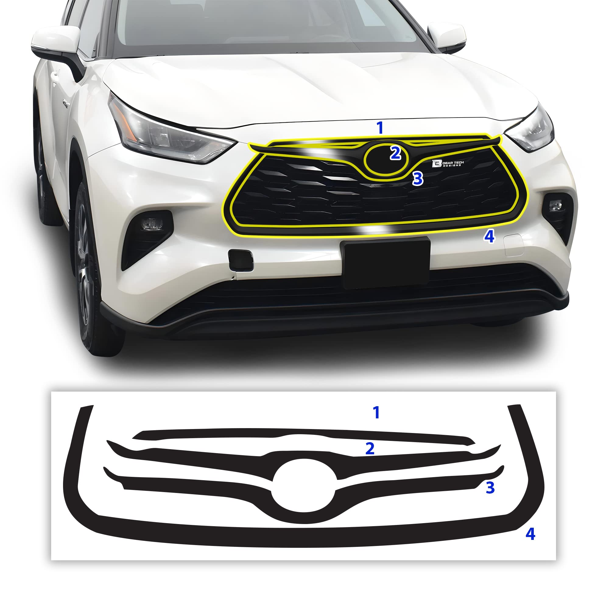 BOGAR TECH DESIGNS Grille Front Bumper Chrome Delete Cover Sticker Decal Vinyl Replacement Compatible with Toyota Highlander 2020-2023, Gloss Black