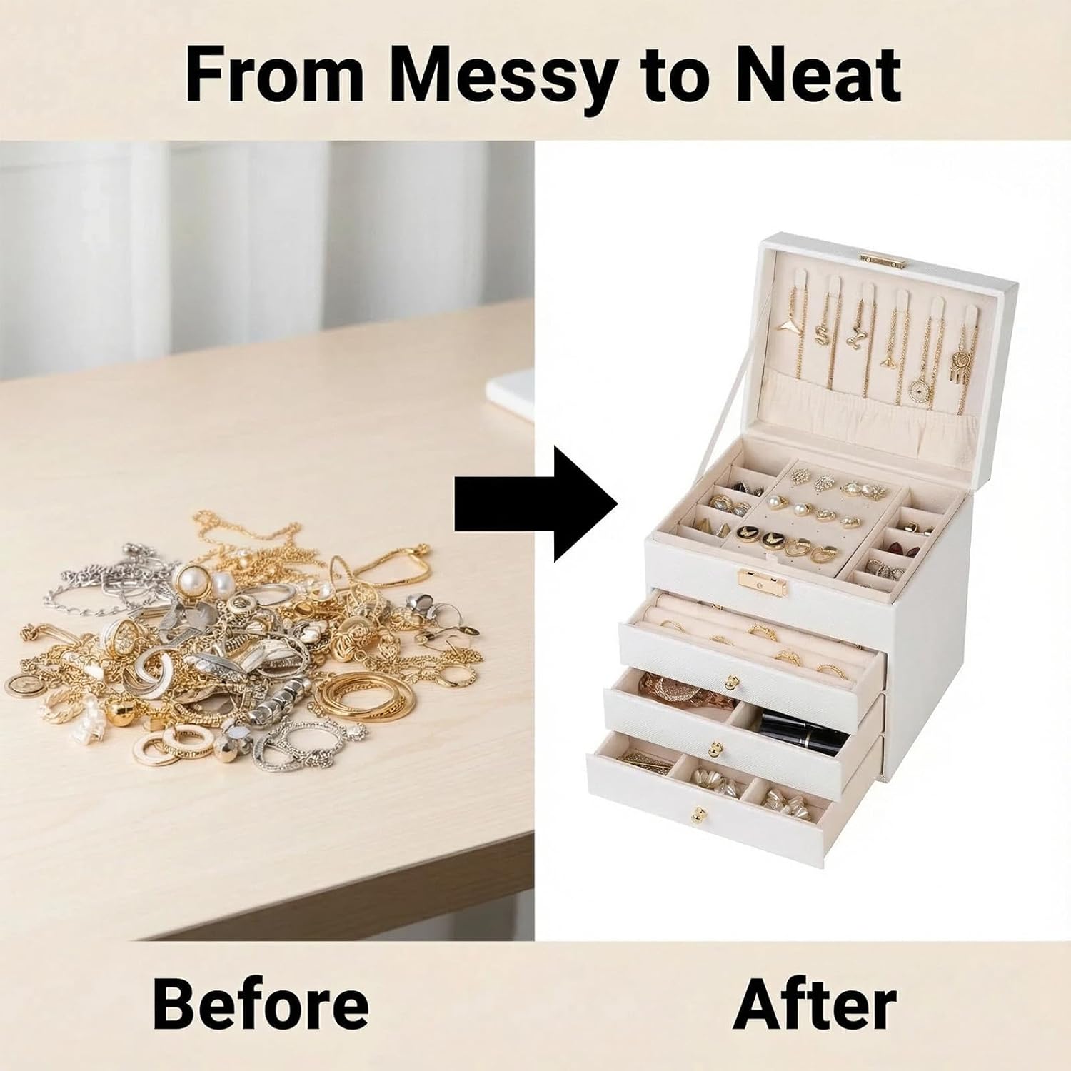 Leather Jewelry Box with Lock for Women, 4-Tier 3-Drawer Jewelry Organizer, Large Capacity Vanity Storage Case for Earrings Rings Necklaces, Gift for Her (White) - Image 6