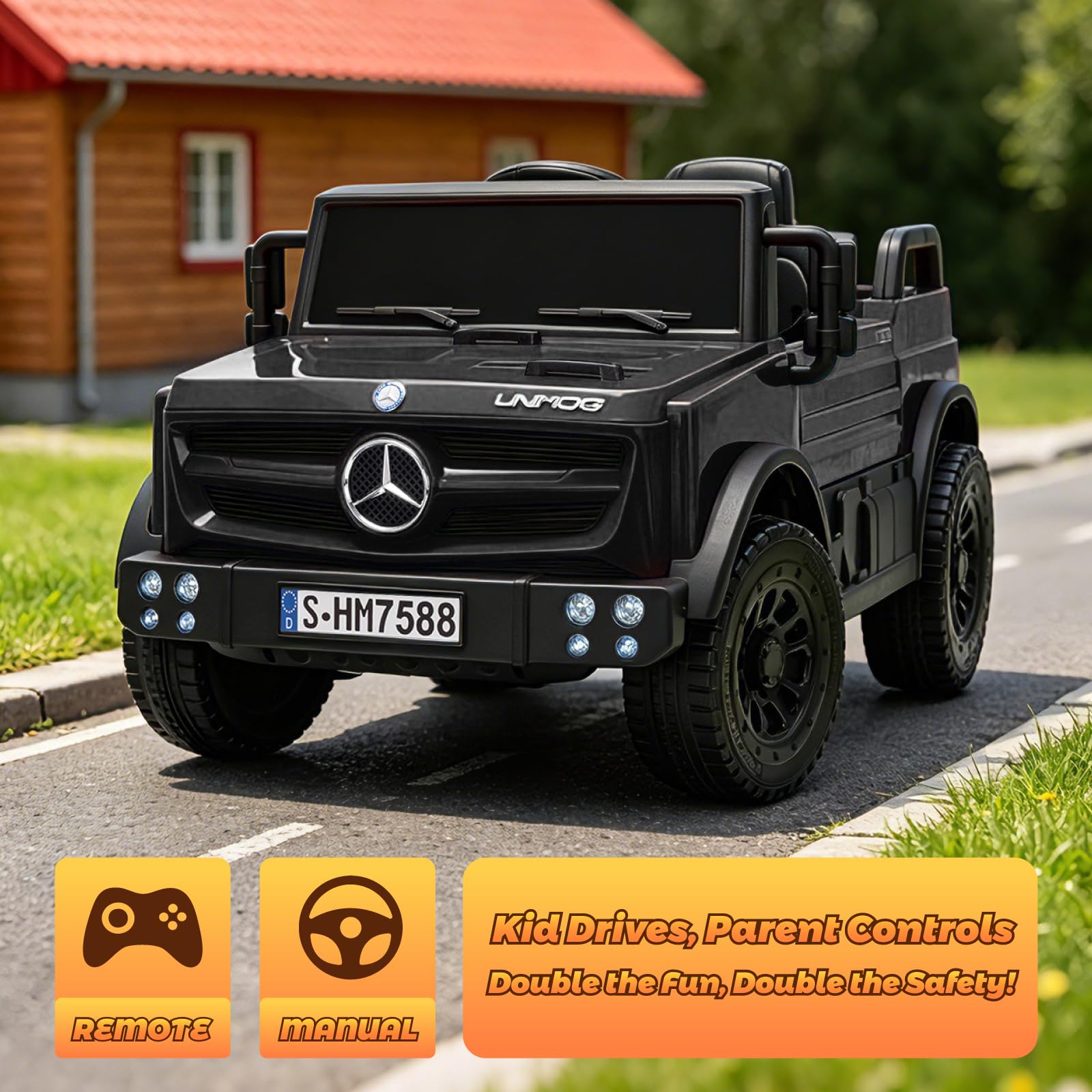 TCARAIWEN Kinderauto Elektro Mercedes-Benz Unimog Lizenz, 12V Elektroauto für Kinder 3-6 Jahre, Kinderfahrzeug mit Fernbedienung, 3-Punkt-Gurt, Bluetooth, 5 km/h (Schwarz)