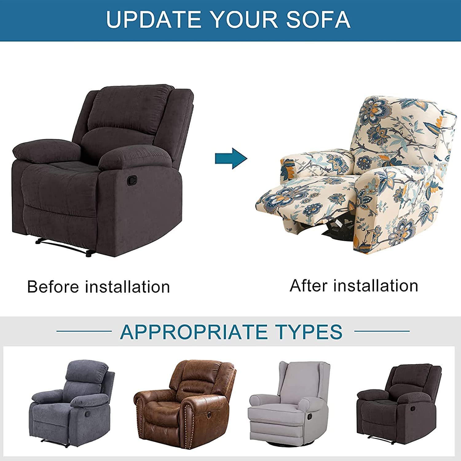 Fundas para sillas reclinables Funda elástica para sillón Relax con Bolsillos Protector de sillón reclinable Fundas de Butacas Relax Ajustables Antideslizante