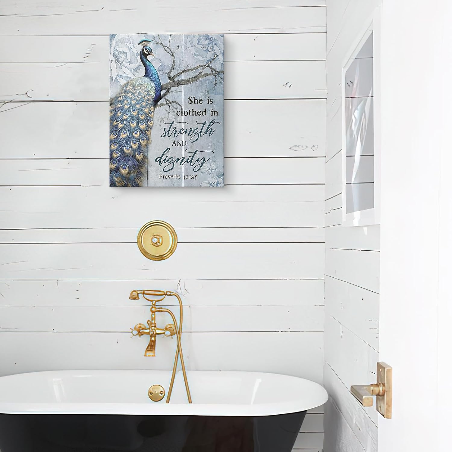 Luslya Peacock Canvas Wall Art Peacock Picture Wall Decor Framed Bible Verse Inspirational Quotes Posters Home for Living Room Bedroom Bathroom Decoration 12x16 inch