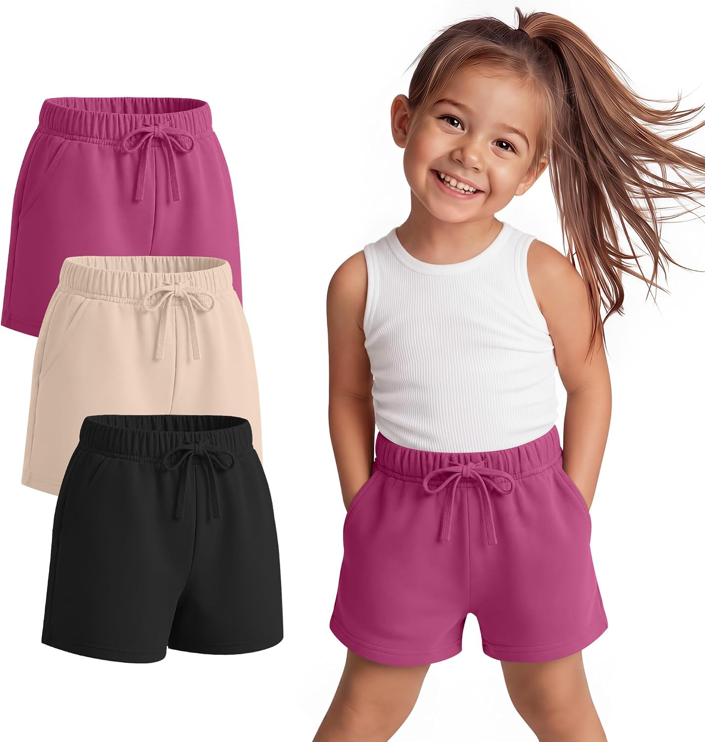 3 Pack Toddler Girls Shorts Baby Summer Athletic Shorts Infant Casual Soft Drawstring Clothes with Pockets
