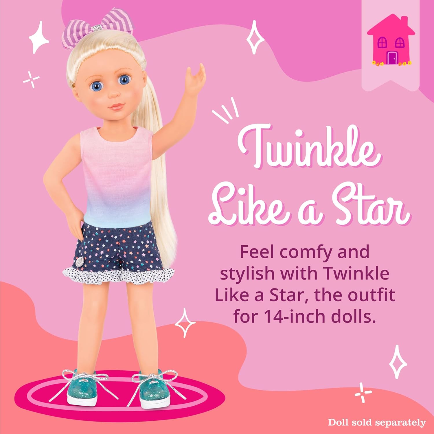 Glitter Girls – 14-Inch Doll Clothes – 4 Pieces Starry Outfit – Colorful Top & Polka Dot Shorts – Glittery Shoes & Hair Bow – 3+ Years– Twinkle Like A Star