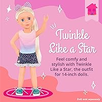 Vista 2 de Glitter Girls – Ropa para muñeca de 14 pulgadas – Conjunto de 4 piezas con temática estrella – Top colorido y pantalones cortos de lunares – Zapatos
