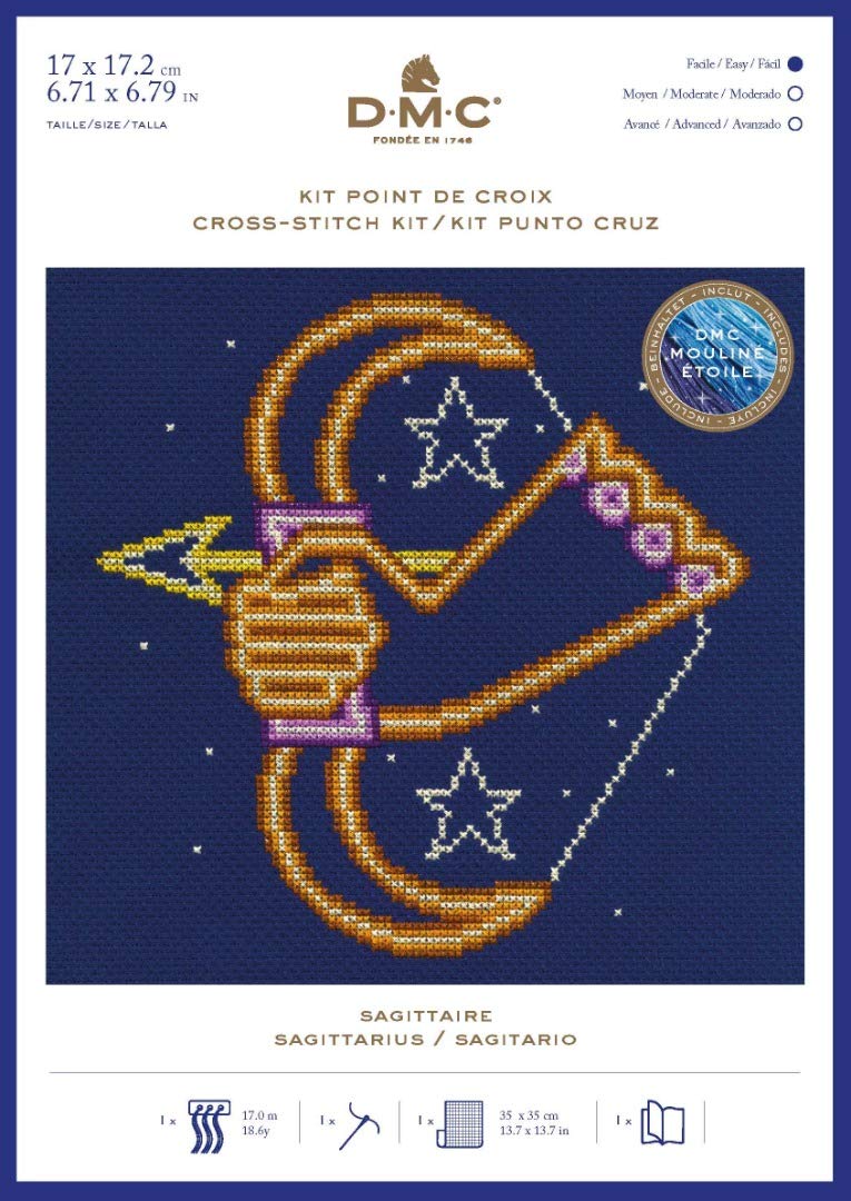 DMC Star Sign Cross Stitch Kit - Sagittarius, Includes Aida Fabric 5.5pts/cm, Mouliné Étoile Thread, Needle and Chart