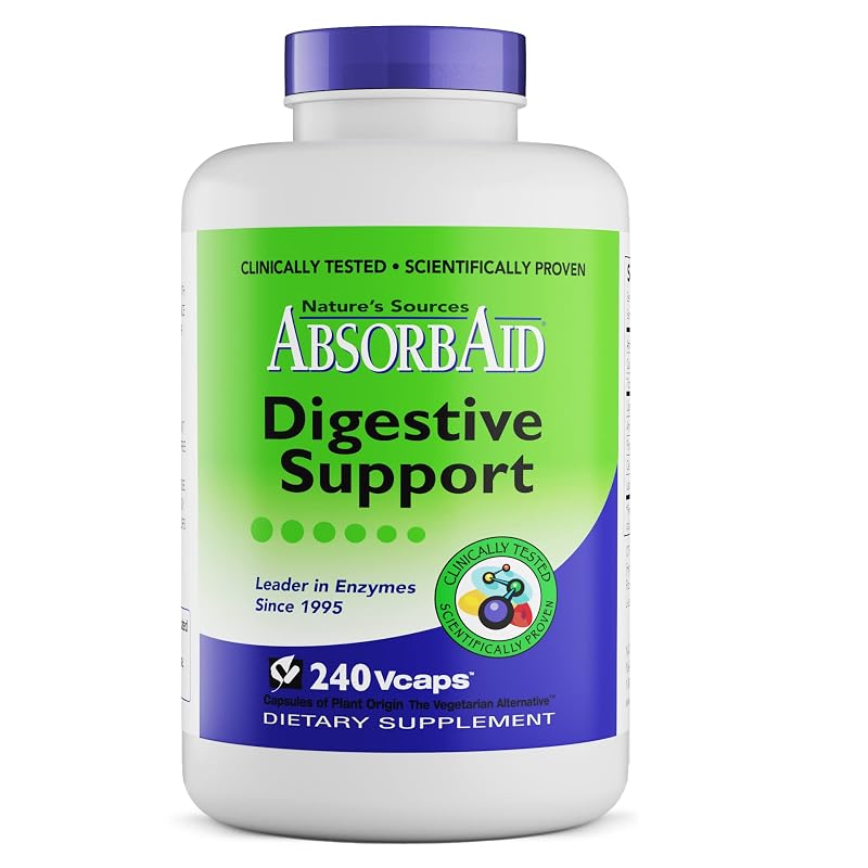 AbsorbAid Multi-enzimas digestivas com amilase, lipase, protease, celulase e lactase — 240 cápsulas