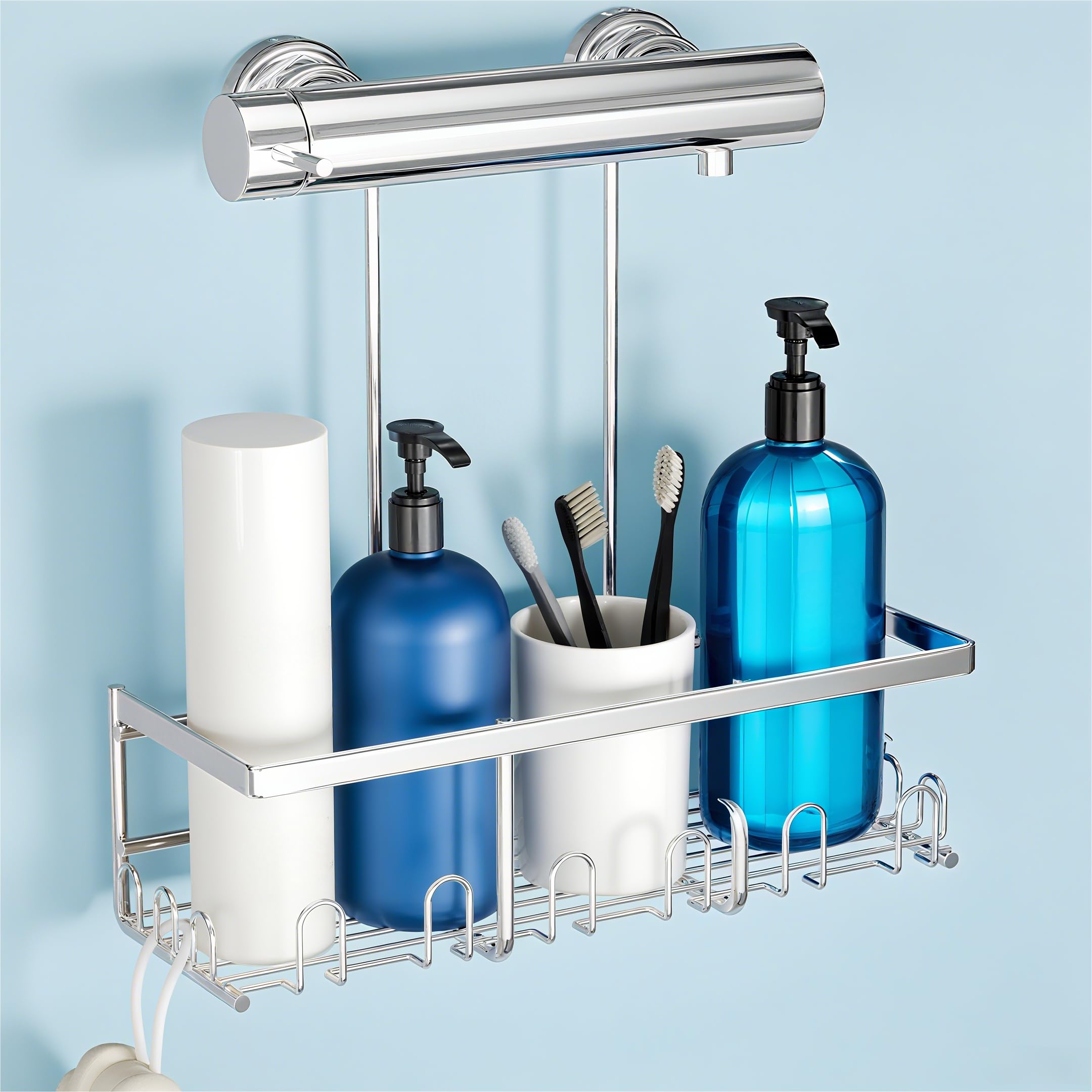 HouseUp Shower Caddy Hanging No Drilling - Shampoo Holder for Bathroom, Tidy Organiser Rustproof (Silver)