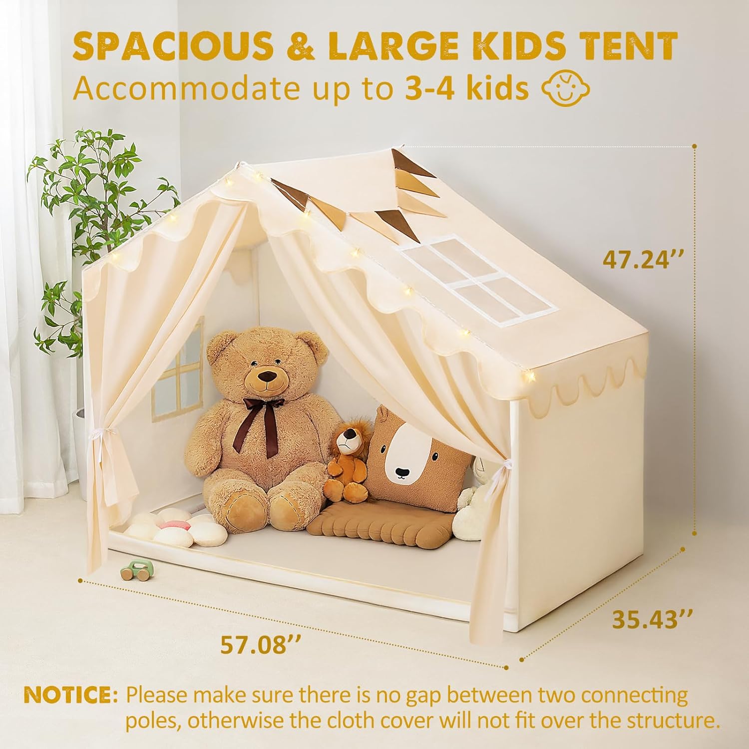 Kids Tent Indoor with Stat Lights - Play Tent for Kids Ages 4-8, Toddler Playhouse with Cloth Curtain for Girls Boys, 57" x 35" x 47" (Beige)