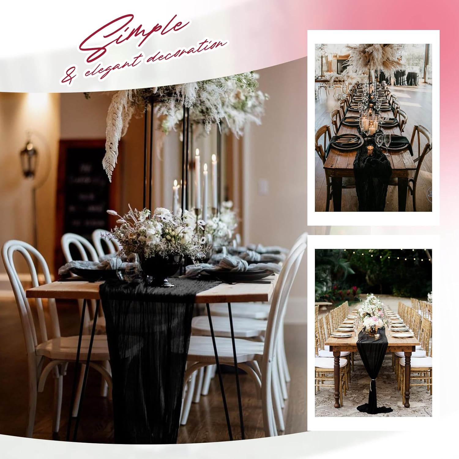 Aktor 12 Pack Black Table Runner Boho Cheesecloth Table Runner Semi Sheer Gauze Fabric Runners for Wedding Birthday Baby Shower Party Boho Table Decoration（Black）