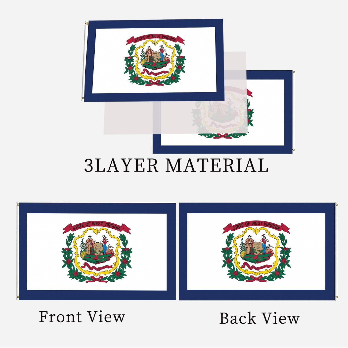 West Virginia State Flag 3x5 Double Sided WV State Flags Outdoor Heavy Duty 3 Ply Polyester Material with 2 Metal Grommets 4 Rows of Stitching