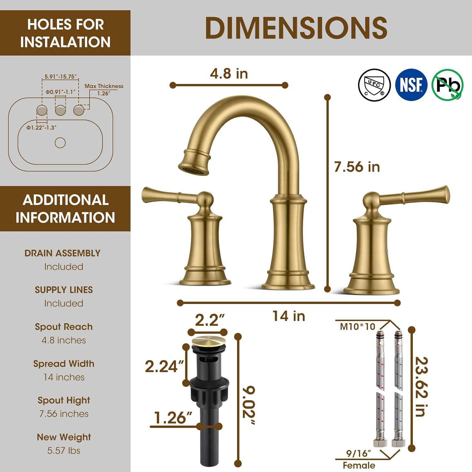 Brushed Gold Bathroom Faucet 8 Inch, Brass Bathroom Faucet, 3 Hole Gold Bathroom Faucet with Pop-Up Drain and 2 Supply Hoses for Vanity, Lavatory, RV Farmhouse (L2304-BG)