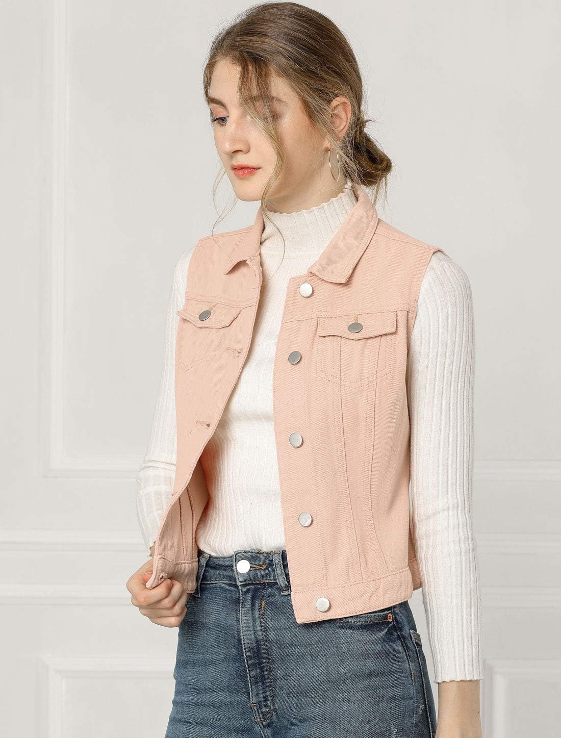 Allegra K Women's Buttoned Washed Denim Vest Jacket W Chest Flap Pockets - Image 2