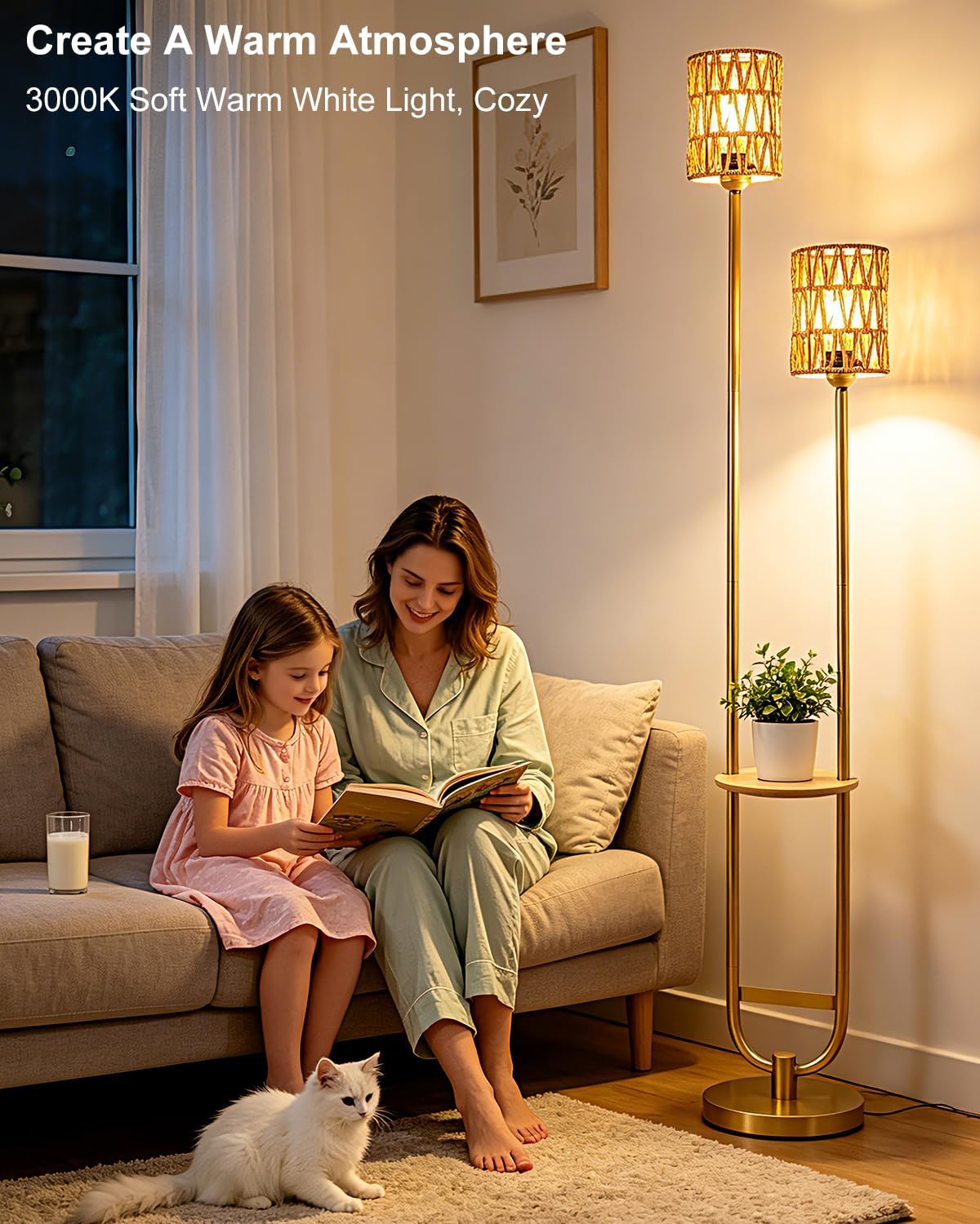 Lightdot 63IN Gold Floor Lamp with Table& Rattan Shades Mid Century Standing Lamps with Warm White Bulbs Included, Unique Vintage Tall Floor Lamp for Living Room/Wedding/Party/Sofa Beside/Corner Decor
