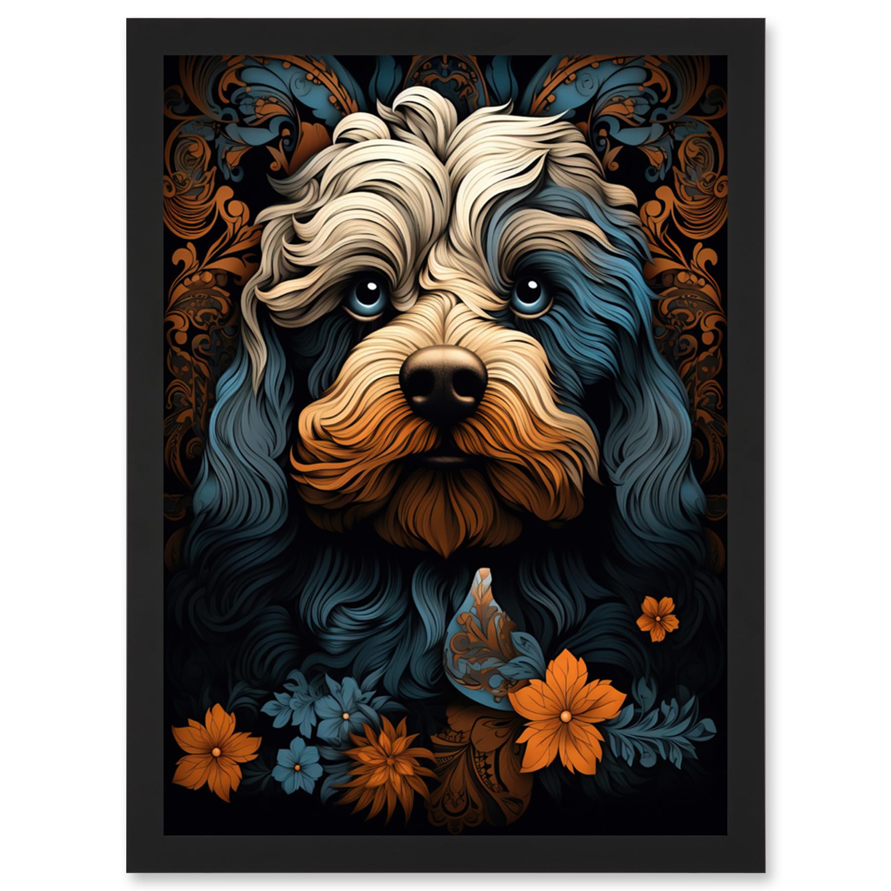 Artery8 Cockapoo Dog with Flower Patterns Art Nouveau Artwork Orange Blue Floral Portrait Design Artwork Framed Wall Art Print A4