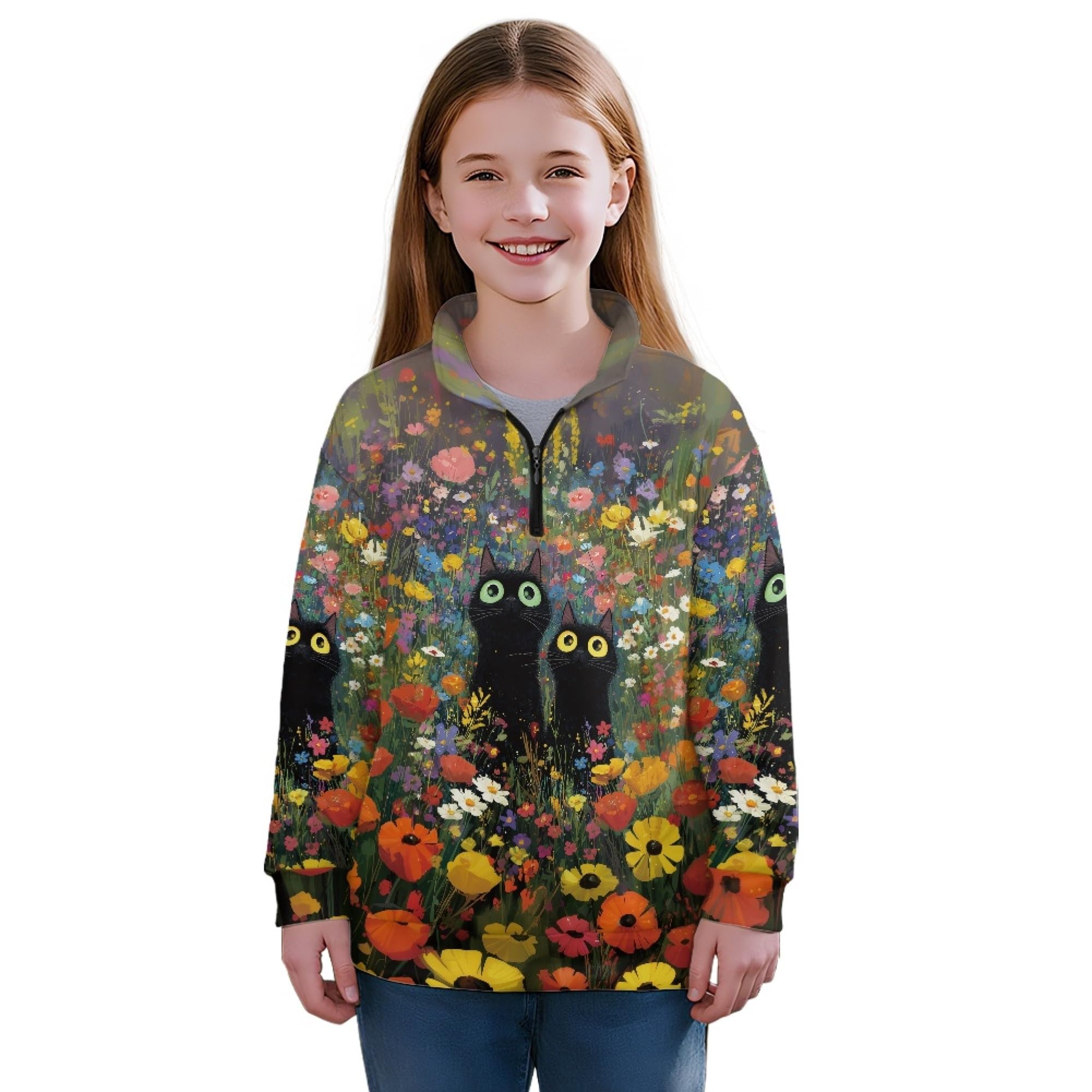 AmzPrint Girls Graphic Quarter Zip Coat Long Sleeve Lightweight Oversized Athletic Running Hoodies For Kids Teen Girls