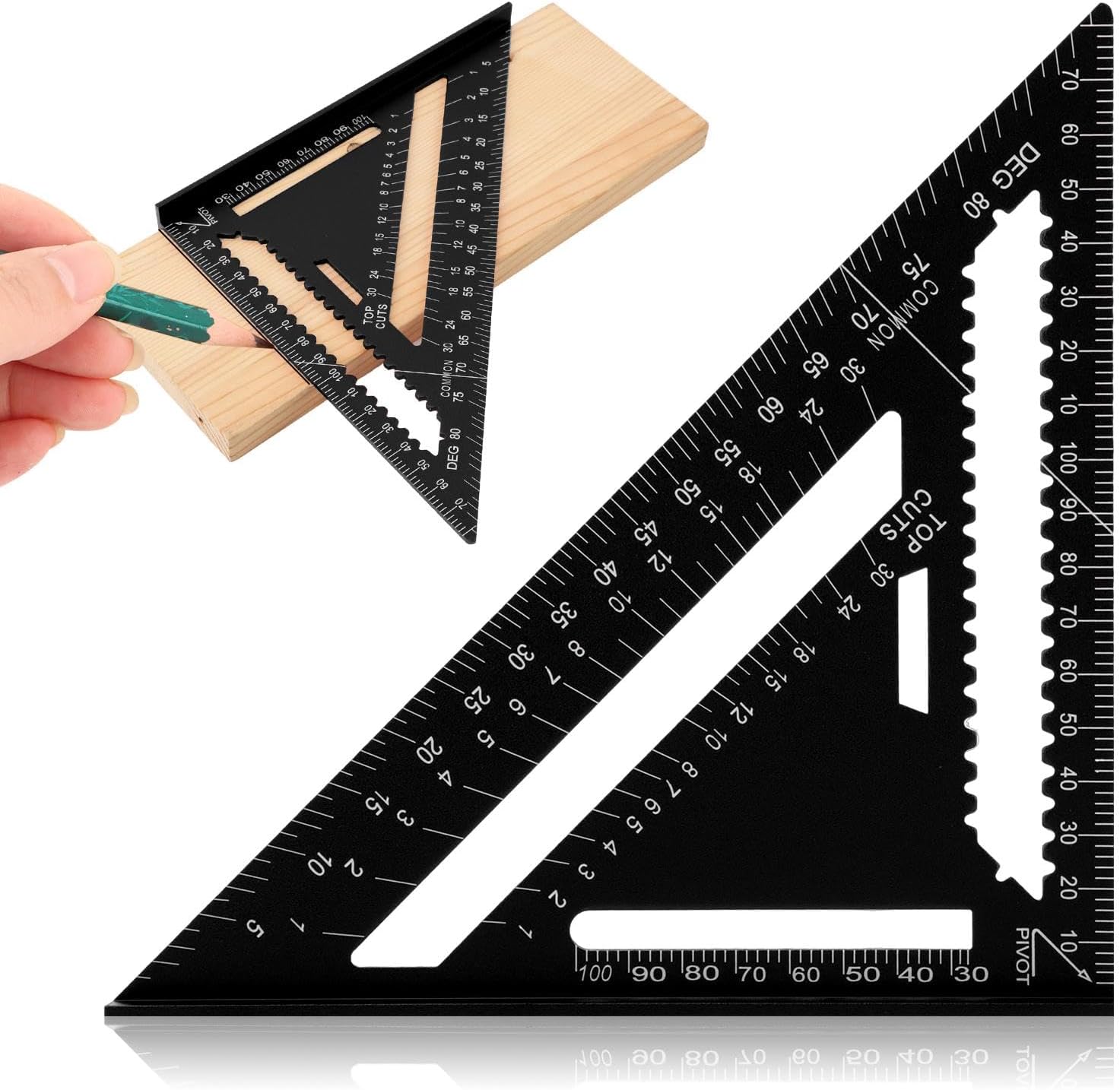 Aluminum Carpenter Square 7 Inch, Rafter Square Carpenter for Angle Drawing, Metal Triangle Ruler Imperial Protractor for Woodworking and Carpentry(Color:Red)(Color:Black)