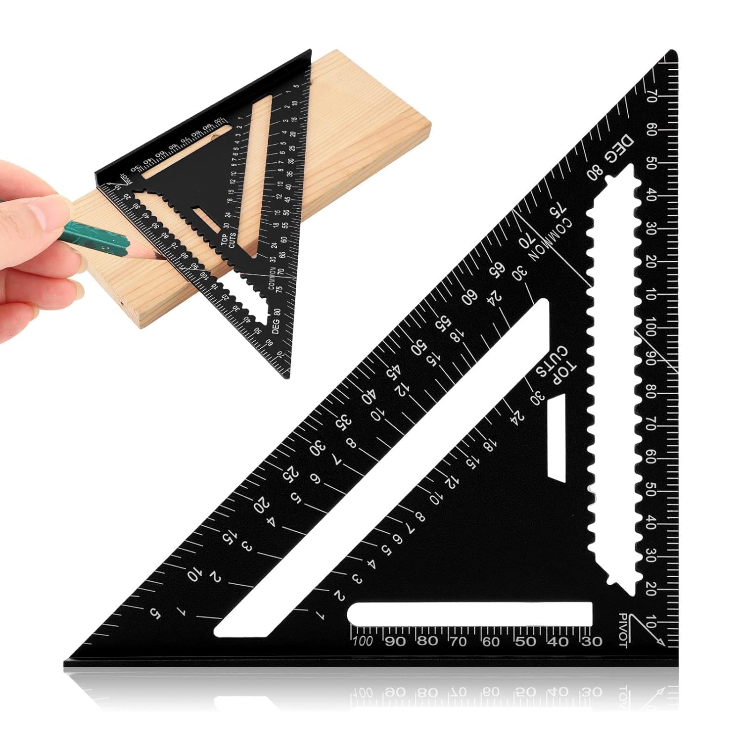 Aluminum Carpenter Square 7 Inch, Rafter Square Carpenter for Angle Drawing, Metal Triangle Ruler Imperial Protractor for Woodworking and Carpentry(Color:Black)
