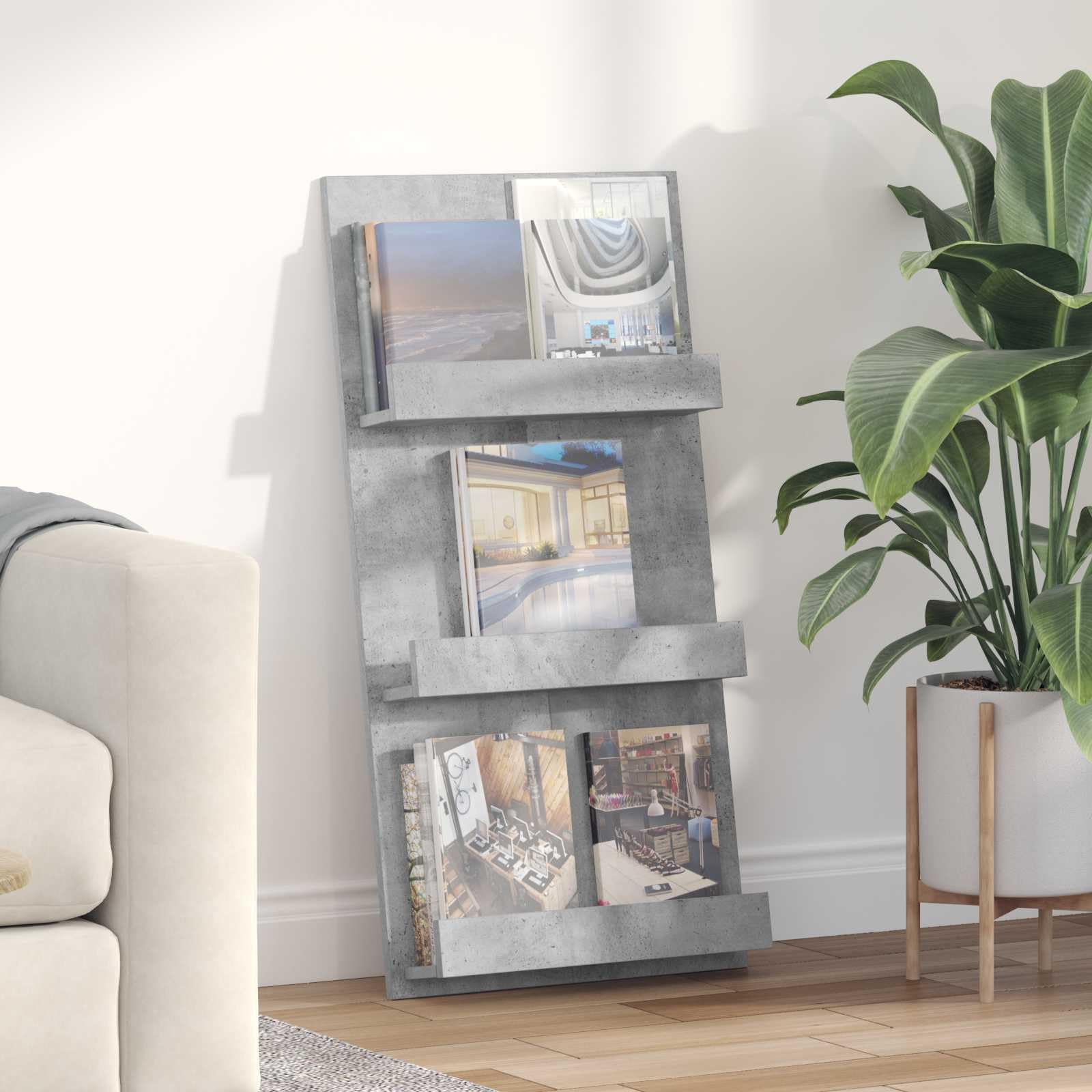 Magazinregal Beton Grau 51 x 11 x 102 cm Holzwerkstoff Zeitschriftenständer für Bücher und Zeitschriften mit schlankem Design zur Büroorganisation