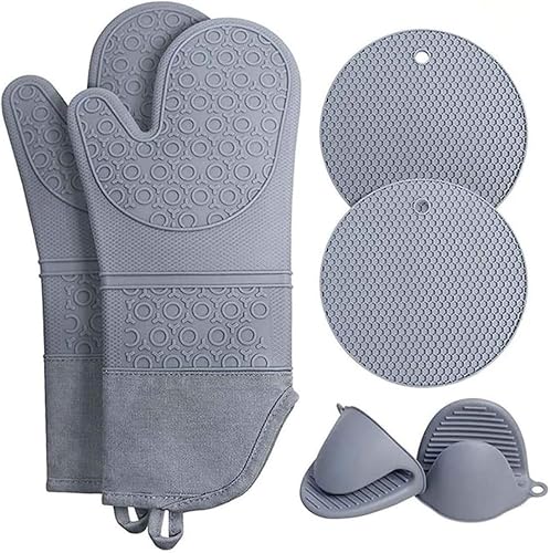 Silicone Oven Mitts and Pot Holders Set, Grey, 6 Piece