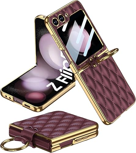 Miimall Funda de piel compatible con Samsung Z Flip 5 con protector de pantalla, resistente a los arañazos y anticaídas, HD 99.99% transparente y