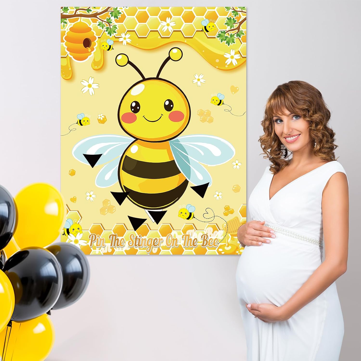 Bee Party Decoration Game, Pin the Stinger on The Bee with Honeycomb Poster, 48 Stickers Blindfold Game, Honeybee Birthday Party Decorations Family Activities Supplie