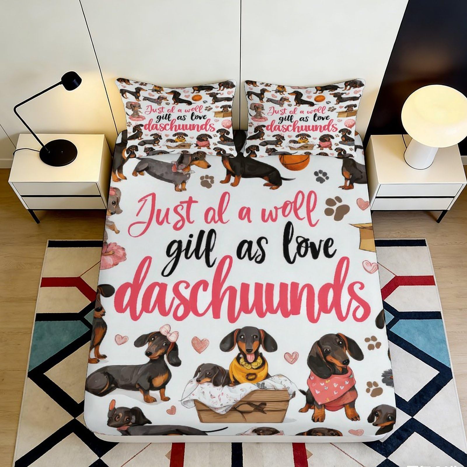 3D Printed Cute Dachshund Dog Fitted Sheet Microfiber Soft Mattress Cover for Bedroom Dorm Anti-Slip Machine Washable Design 160x200x25cm