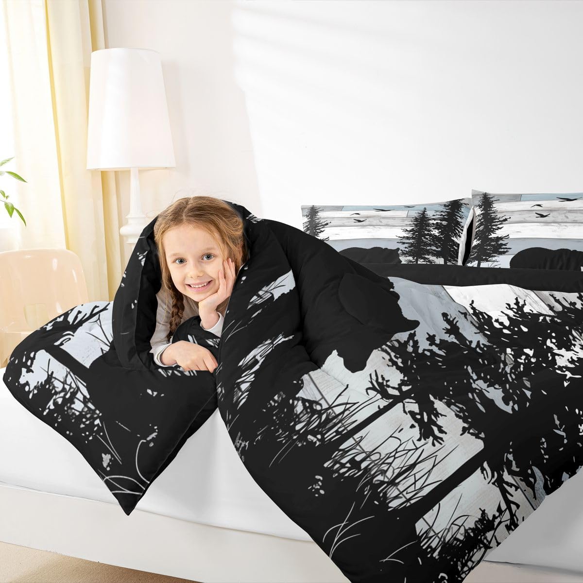 jejeloiu Bear Kids Comforter Set Queen Size Rustic Cabin Country Bedding Set Farmhouse Duvet Quilt for Kids Boys Girls Bedroom Wild Animal Decor Microfiber Ultra Soft Breathable