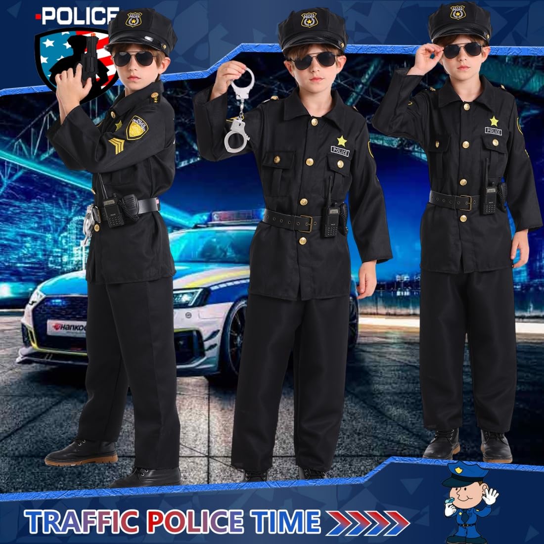 Costume da polizia, per bambini, costume da polizia, per cosplay, con accessori, costume di carnevale, uniforme con equipaggiamento di polizia, berretto, manette, occhiali da sole per carnevale,