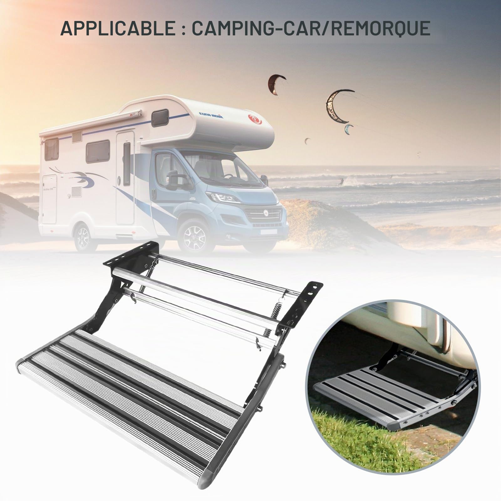 JAOGAUS Marchepied Manuel pour Camping Car, Escalier Rétractable à 2 Marches, Antidérapant, Alliage d'Aluminium & Acier au Carbone, Haute Capacité, Marche RV Manuelle pour Van, Caravane, Camping-Car