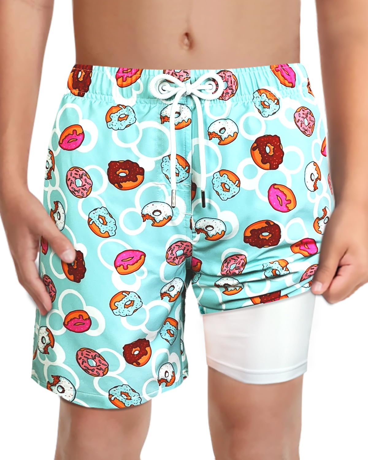 LUCOWEE Boys Bathing Trunks Boxer Brief Lined Anti Chafe Quality Swimming Shorts Swimsuits Stretchy Light Weight Quick Dry UPF 50+ Water to Land Donuts Size 10-12